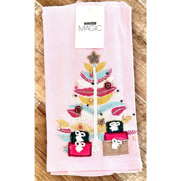 CHRISTMAS PINK Kitchen Towel Set of 2 Embroidered BEADED Detailed HOSTESS GIFT - Picture 1 of 12